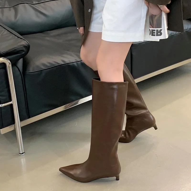 Street Style Women Knee-High Boots Fashion Pointed Toe Thin Low Heels Casual Party Shoes Autumn Winter Long Booties Goth