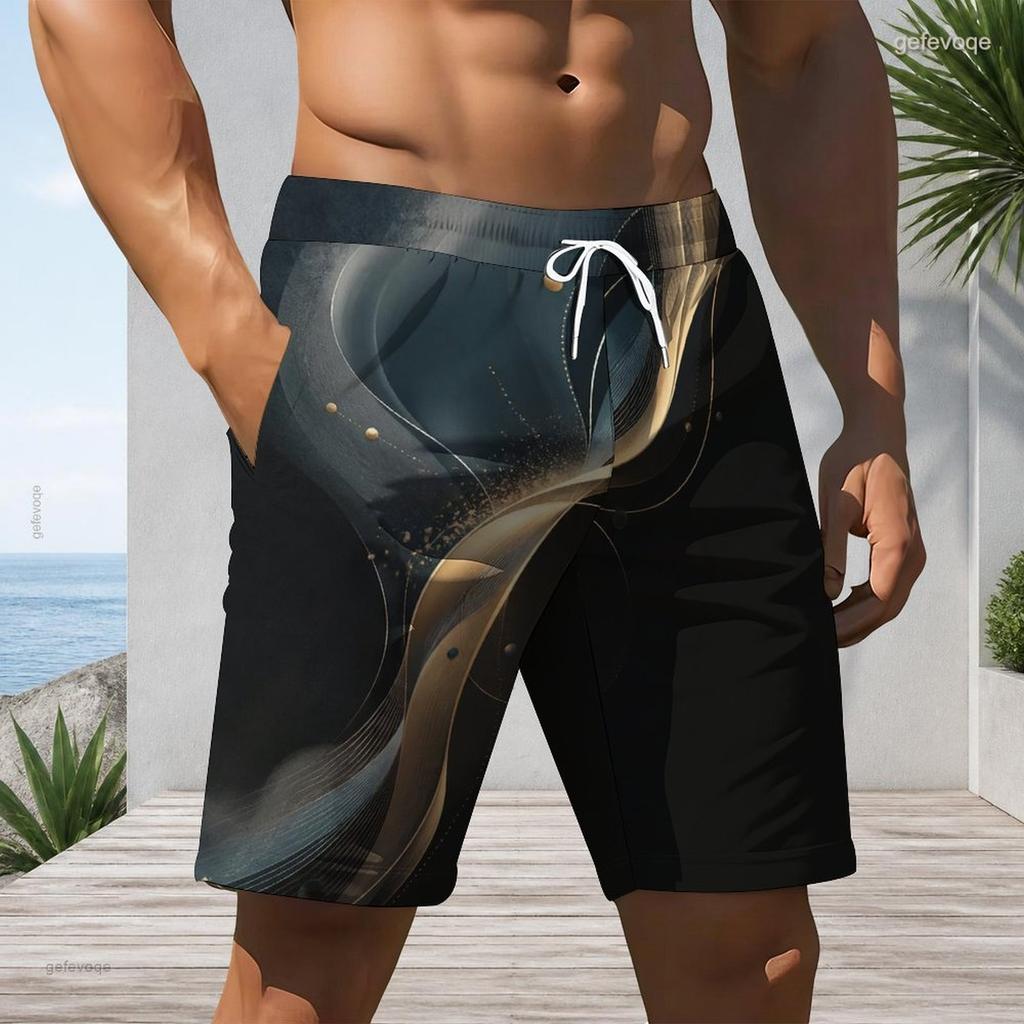 Men Plus Size Colorful Printed Beach Shorts Drawstring Waist Side Pockets Straight Leg