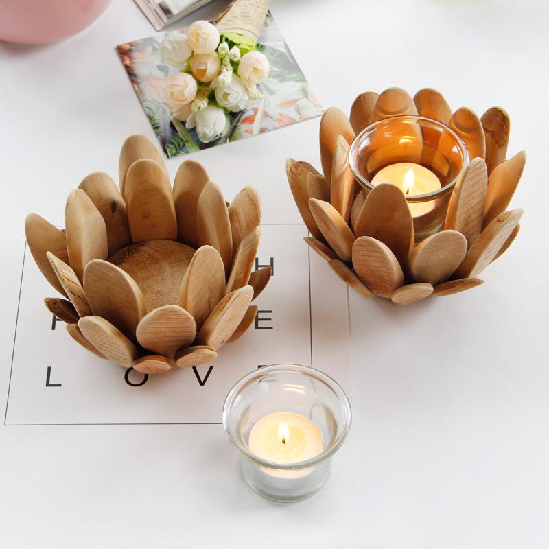 Exquisitely Crafted European Wooden Candle Holder with Lotus Petal Shape for Nordic Home Decoration