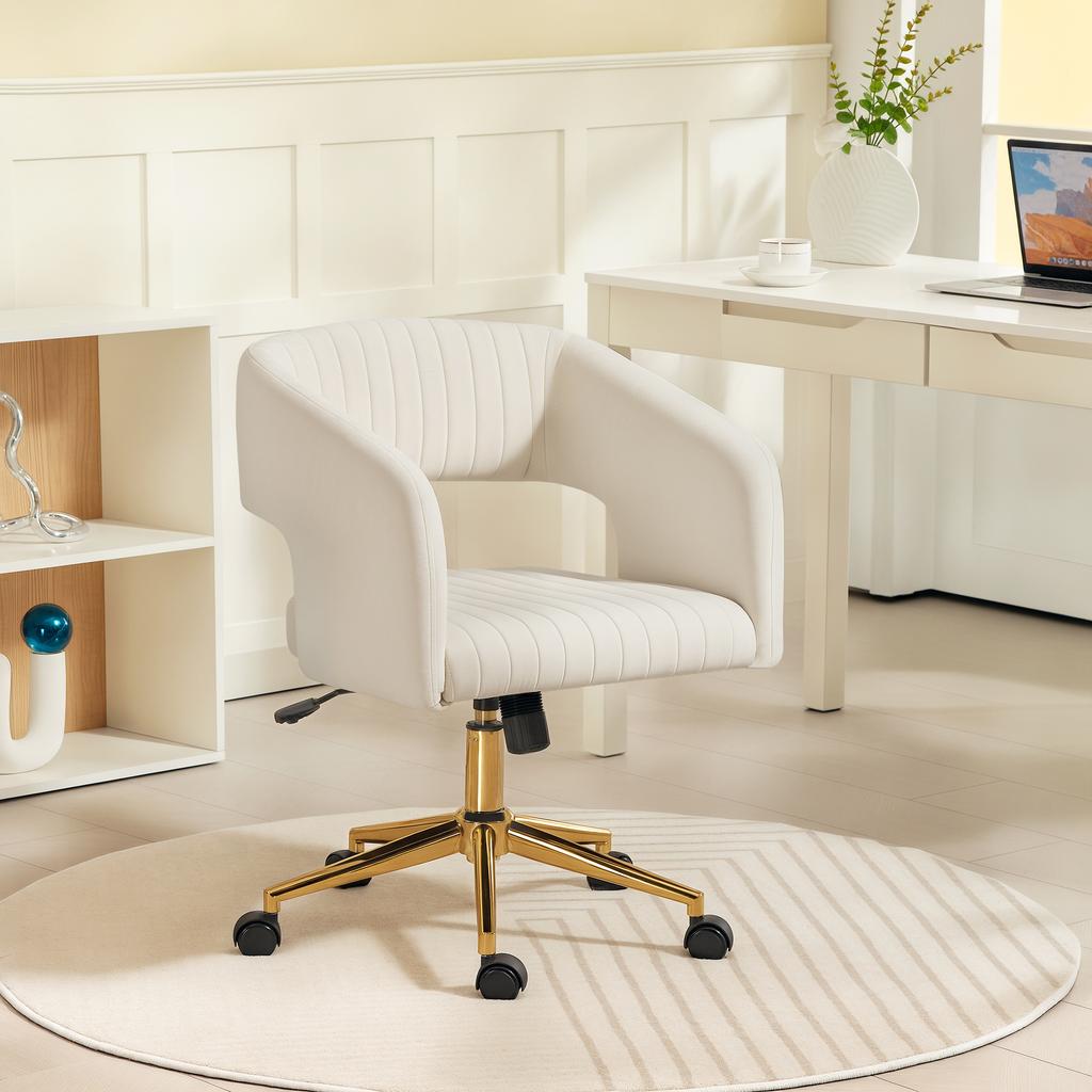Silla de Escritorio Plegable con Funda de Aspecto Terciopelo, Silla de Oficina Regulable en Altura, Función de Inclinación, Blanco Crema
