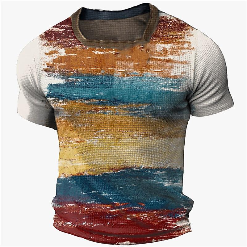 Retro Men's Personalized Color Striped Printed T-shirt Casual Fashion Trend Harajuku Round Neck Top Creative Hip-hop Cool Short Sleeved Streetwear