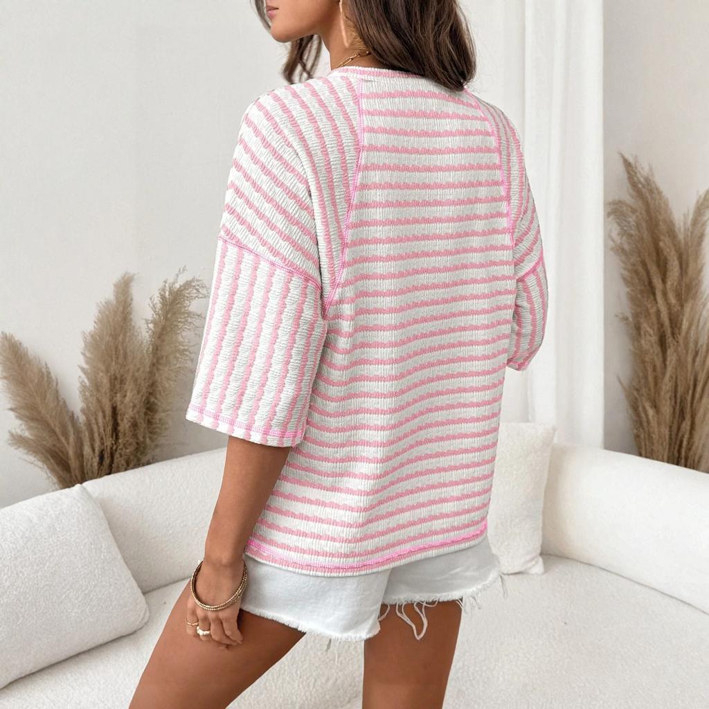Women's Fashionable, Casual And Versatile Striped Mid-sleeve T-shirt Top