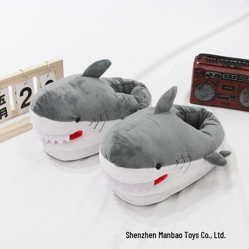 Great White Shark Cartoon Plush Slippers - Boys' Winter Indoor Cotton Footwear for Couples