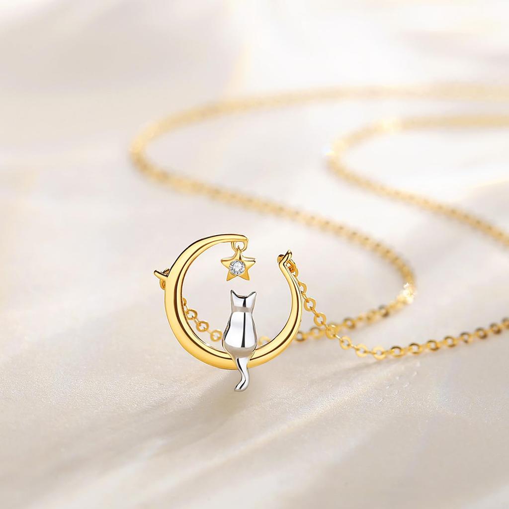 FANCIME 18K Gold Diamond Cat Necklace for Crescent Moon and Star Perfect for and Gift Wrapping Included Women, Design, Birthdays, Anniversaries,