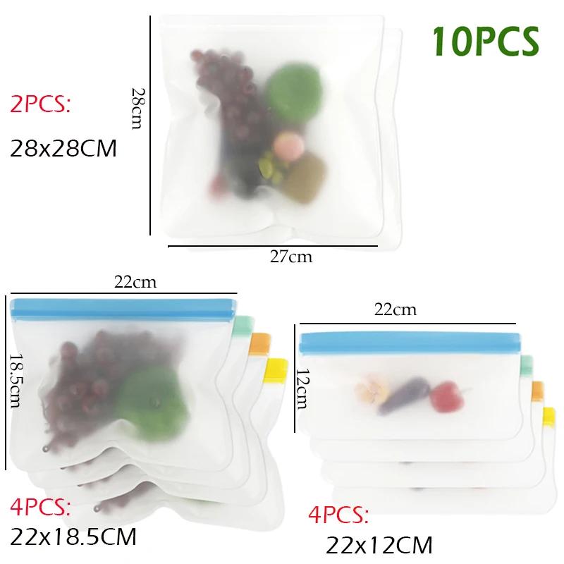 

10 шт. силиконовый мешок для хранения продуктов, герметичный, многоразовый, устойчивый, закрывающийся на молнию, мешок для свежести, мешок для хранения продуктов, свежая упаковка