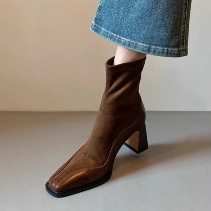 Women's New Winter Thick Heel Cotton Boots Square Head Splicing Suede Back Zipper Anti-slip Wear-resistant Short Boots