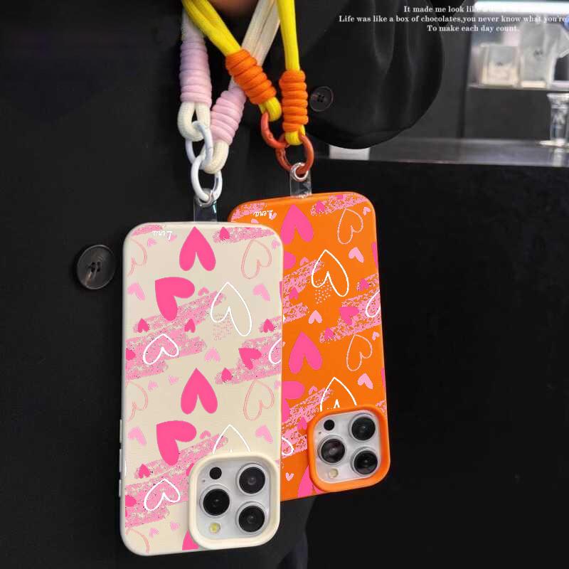 Graffiti Pink Love Heart Phone Chain Lanyard Case For iPhone 17 16 15 14 13 12 Pro Max 11 Plus Shockproof Lichee Pattern Funda