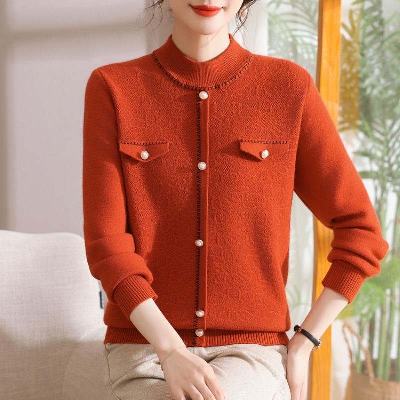 Mid-mother autumn and winter women's sweater jacquard semi-turtleneck pullover fleece thickened knitted bottoming shirt top
