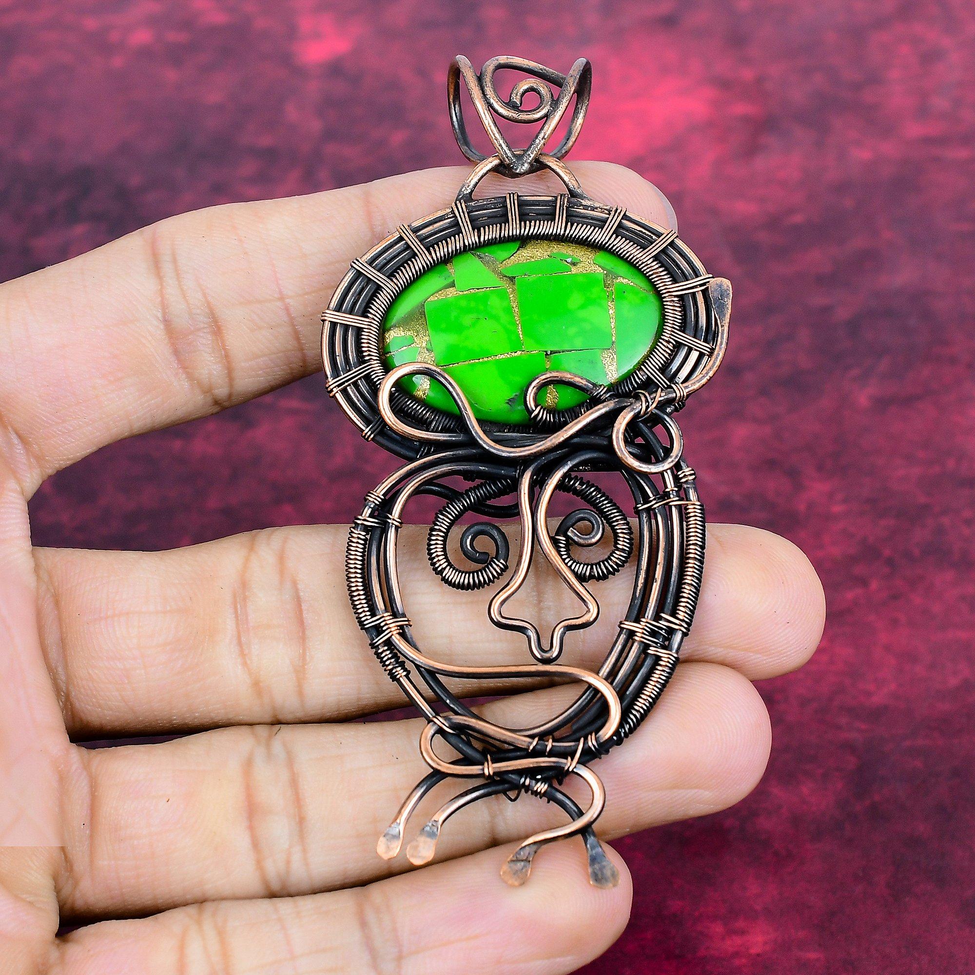 Copper Green Turquoise Pendant Copper Wire Wrapped Jewelry Real Gemstone Pendant