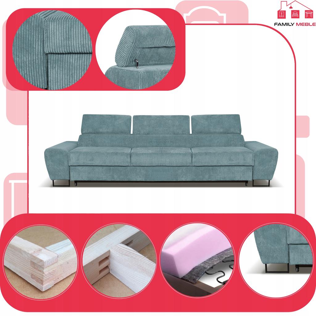 Sofa kanapa 3 os rozkładana z f. spania Savio Family meble j.zielen sztruks
