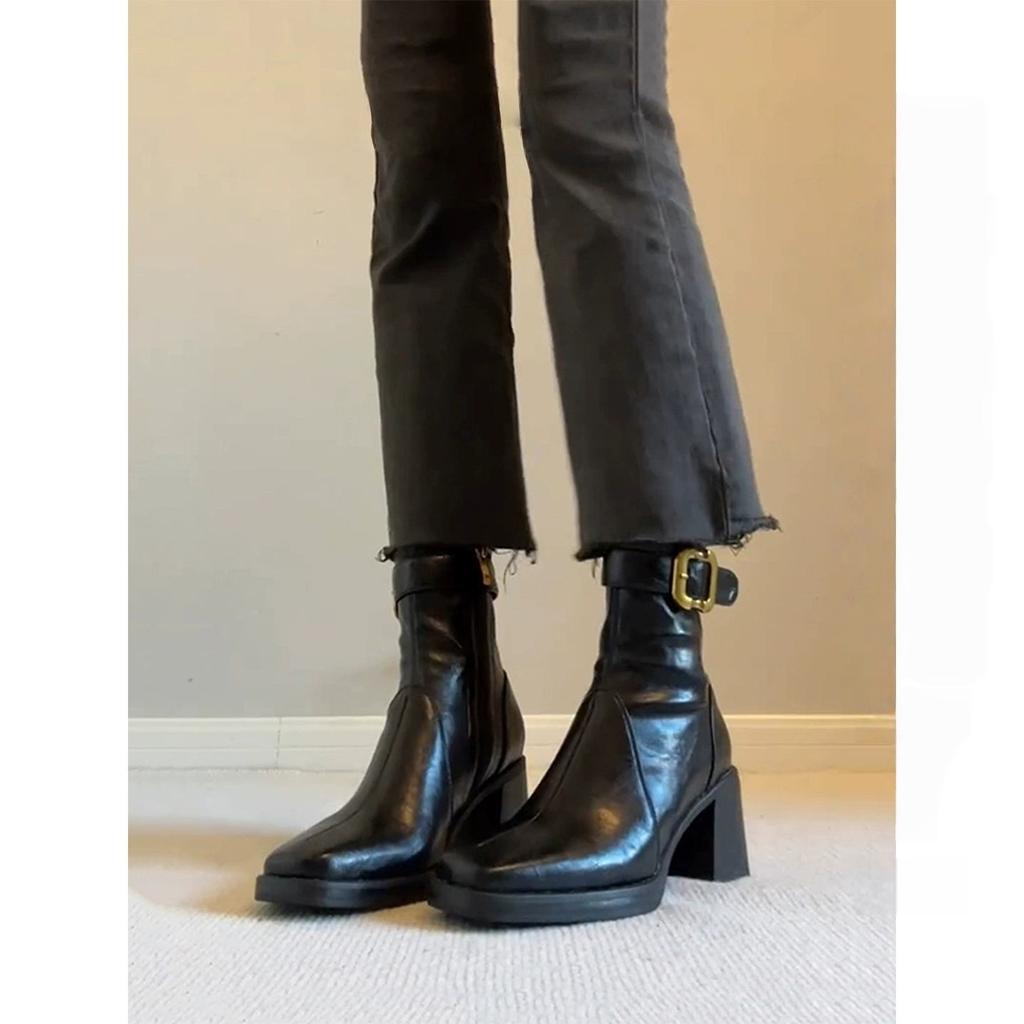Retro square head thick heel thin boots woautumn winter belt buckle versatile British style high heel short boots