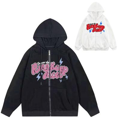 Damska bluza z kapturem zapinana na suwak i z modnym nadrukiem liter, długi rękaw, bluza typu pullover
