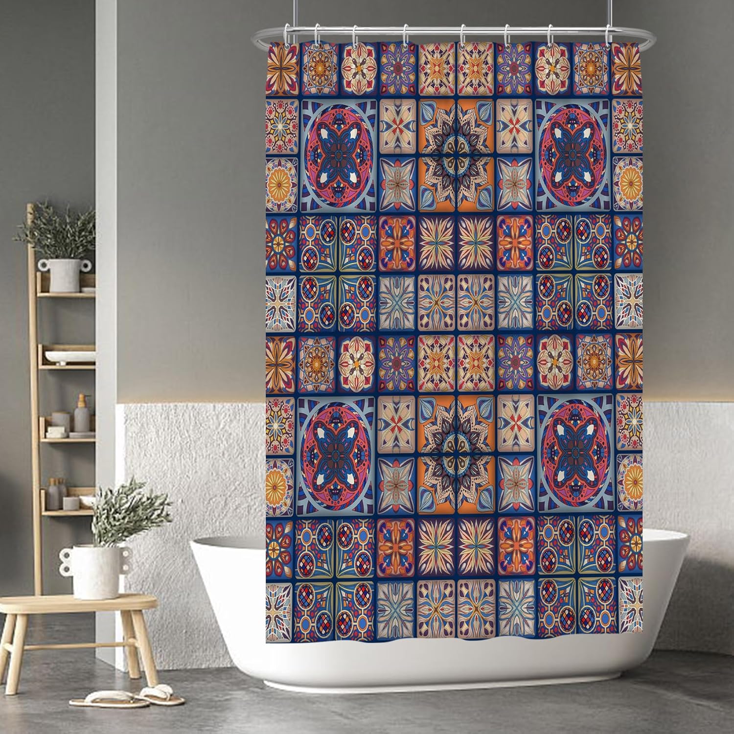 

Moroccan Tile Shower Curtain Multicolor Squares Ethnic Pattern Islamic Art Bohemian Style Waterproof Bath Linen Home Decor Item W60H190(CM)-1 Pcs