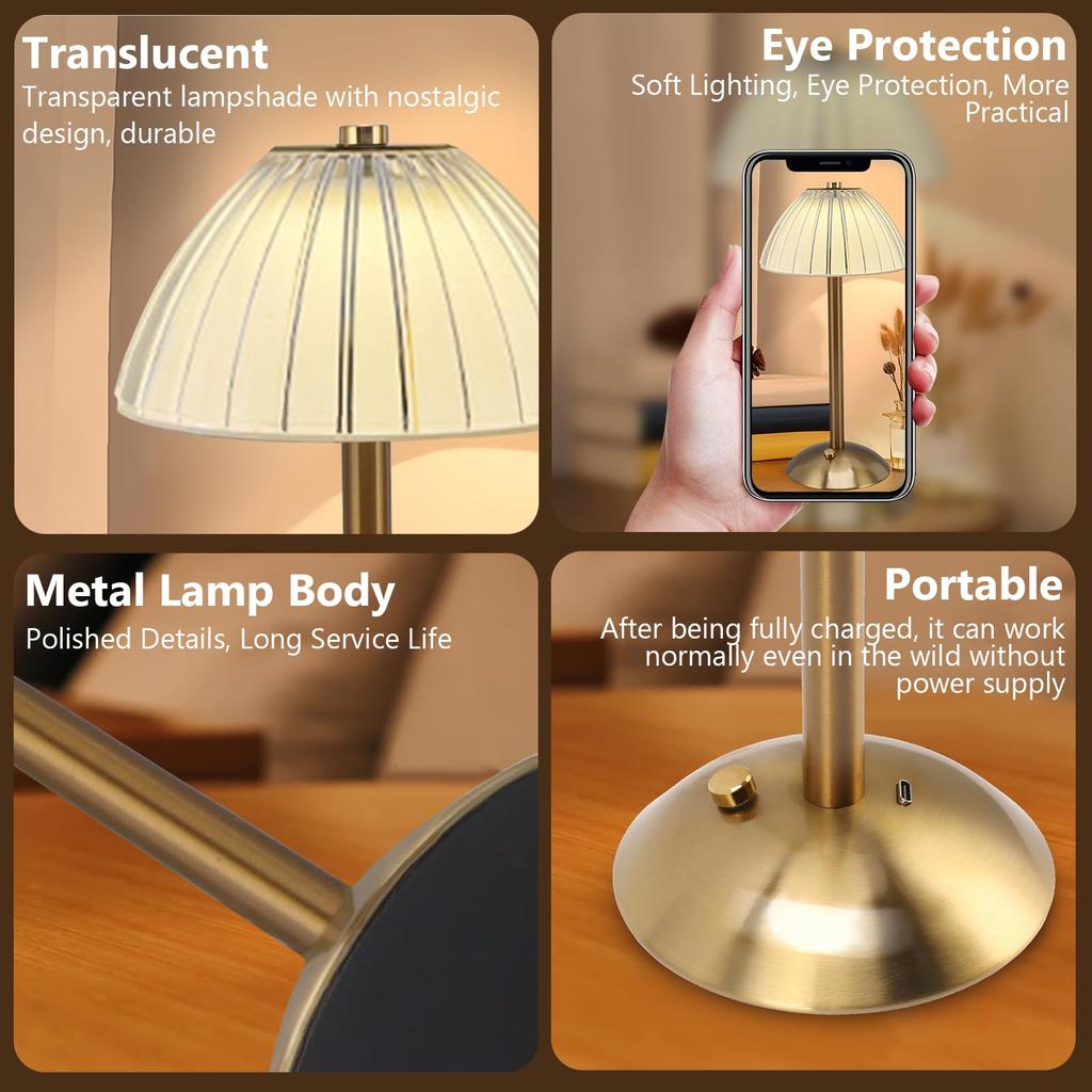 Cordless Table Lamps 3-Color Touch Stepless Dimmable Rechargeable Battery Powered Lighting Crystal Table Lamp for Living Room