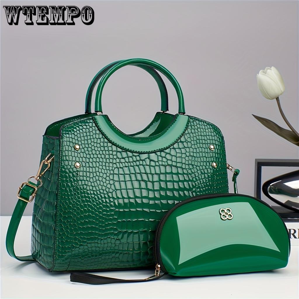 Geantă tote-mamă strălucitoare cu volum mare, elegantă, cu imprimeu de crocodil