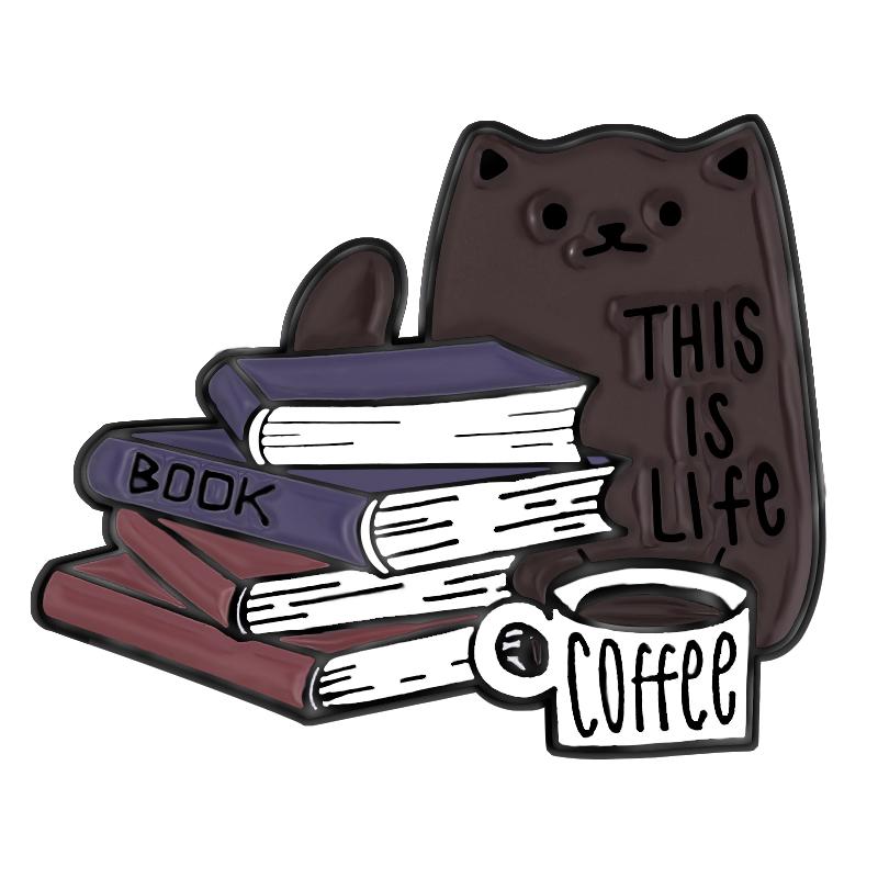 This Is Life Enamel Pins Custom Cats Books Coffee Brooches Lapel Badges Animal Pet Reading Jewelry Gift for Kids Friends
