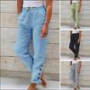 Women's Drawstring Elastic Waist Solid Color Linen Straight Leg Pants Casual Button Decor Long Trousers