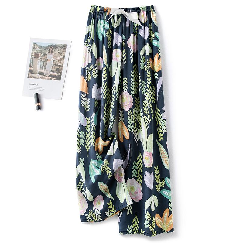 Pantaloni de pijama din bumbac mătase pentru femei, secțiune subțire de vară, anti-țânțari, pantaloni cu picior lat, culoare uni, pentru exterior, casă, petrecere a timpului liber, imprimeu, pantaloni de plajă până la genunchi