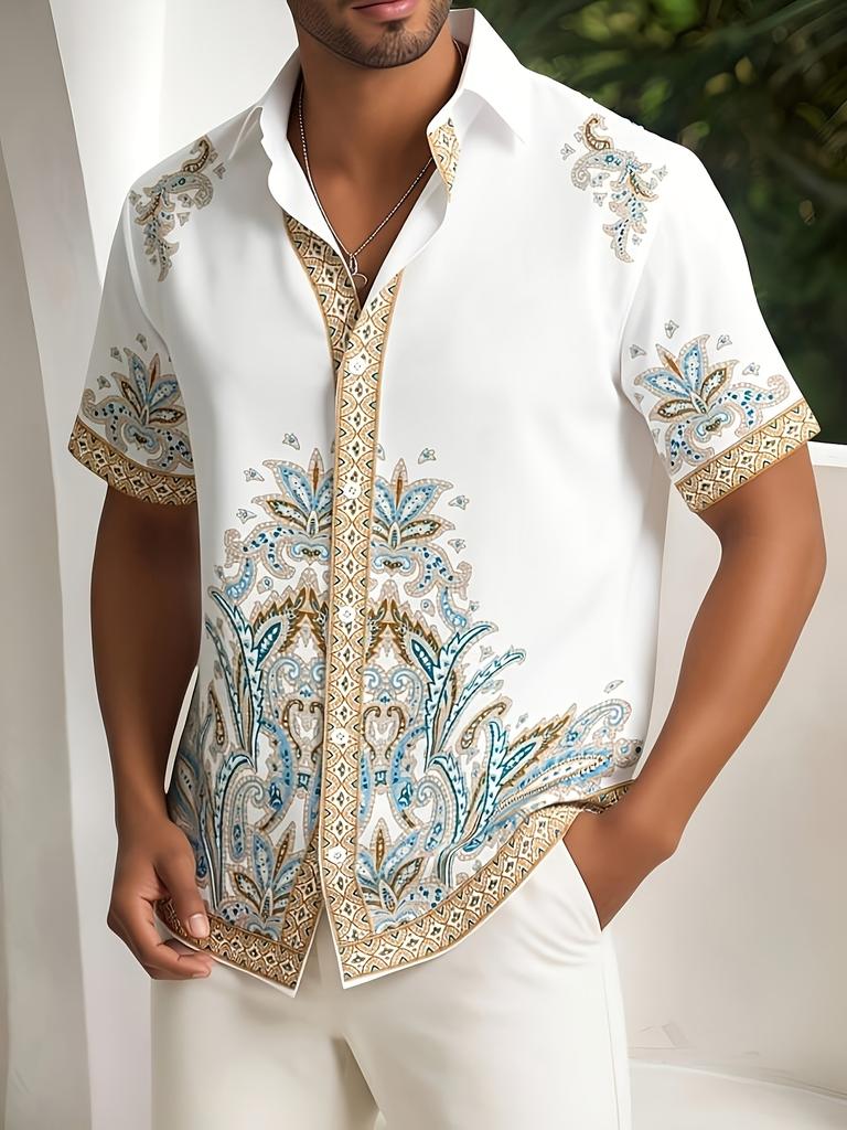 [Print Design - Not Textured] Men'S Position Print Short Sleeve Single Button Casual Summer Shirt, Men'S Beach Shirt, Men'S Vacation Shirt