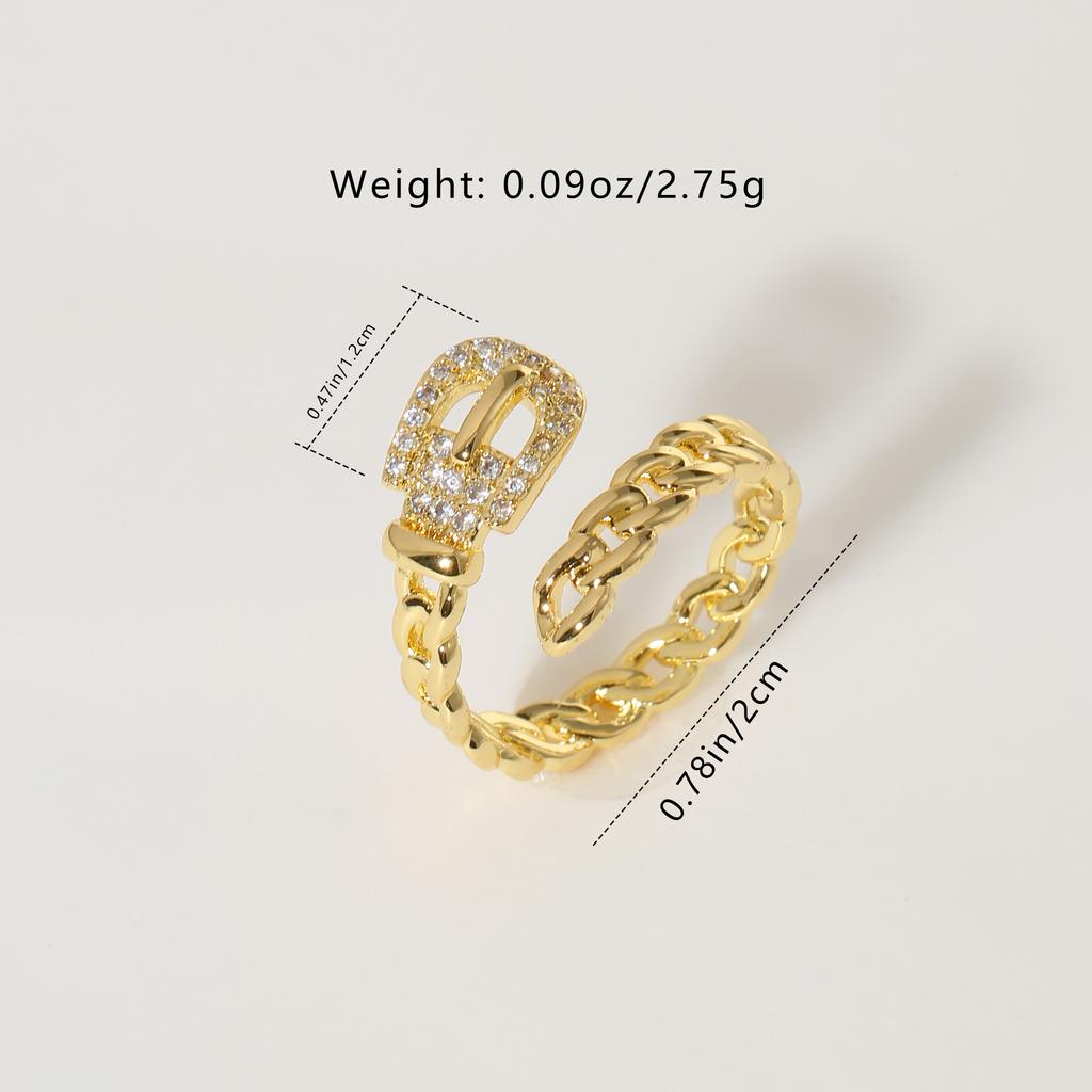 Golden Plated Cuban Link Open Adjustable Ring with Synthetic Zircon Buckle for Women Trendy Statement Jewelry Gift