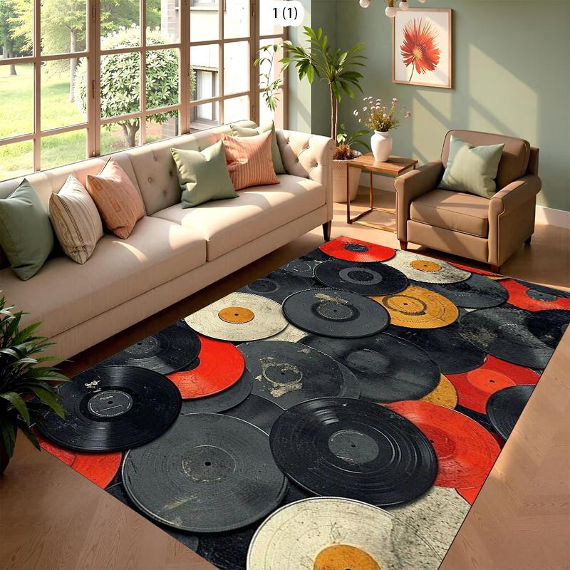 Vintage Worn Vinyl Record Rug Grunge Red & Black NonSlip Easy Clean Artistic Decor Carpet for Living Room Man Cave & Music Room