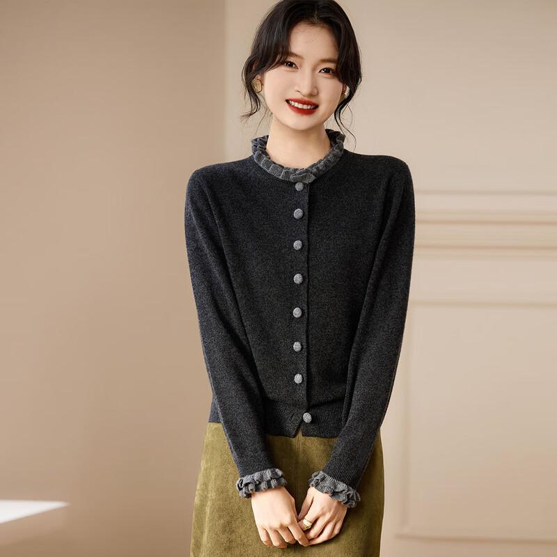 Srcr Women's 100% Merino Wool Ruffle Trim Knit Cardigan