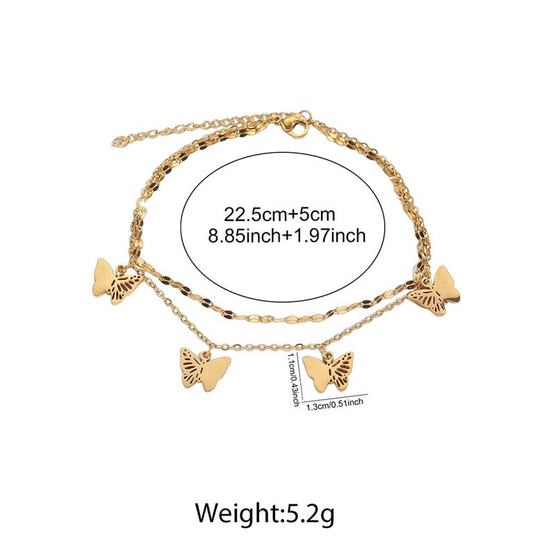Stainless Steel Hollow Butterfly Pendant Anklet for Women Simple Gold Insect Double-Layer Foot Chain Beach Jewelry