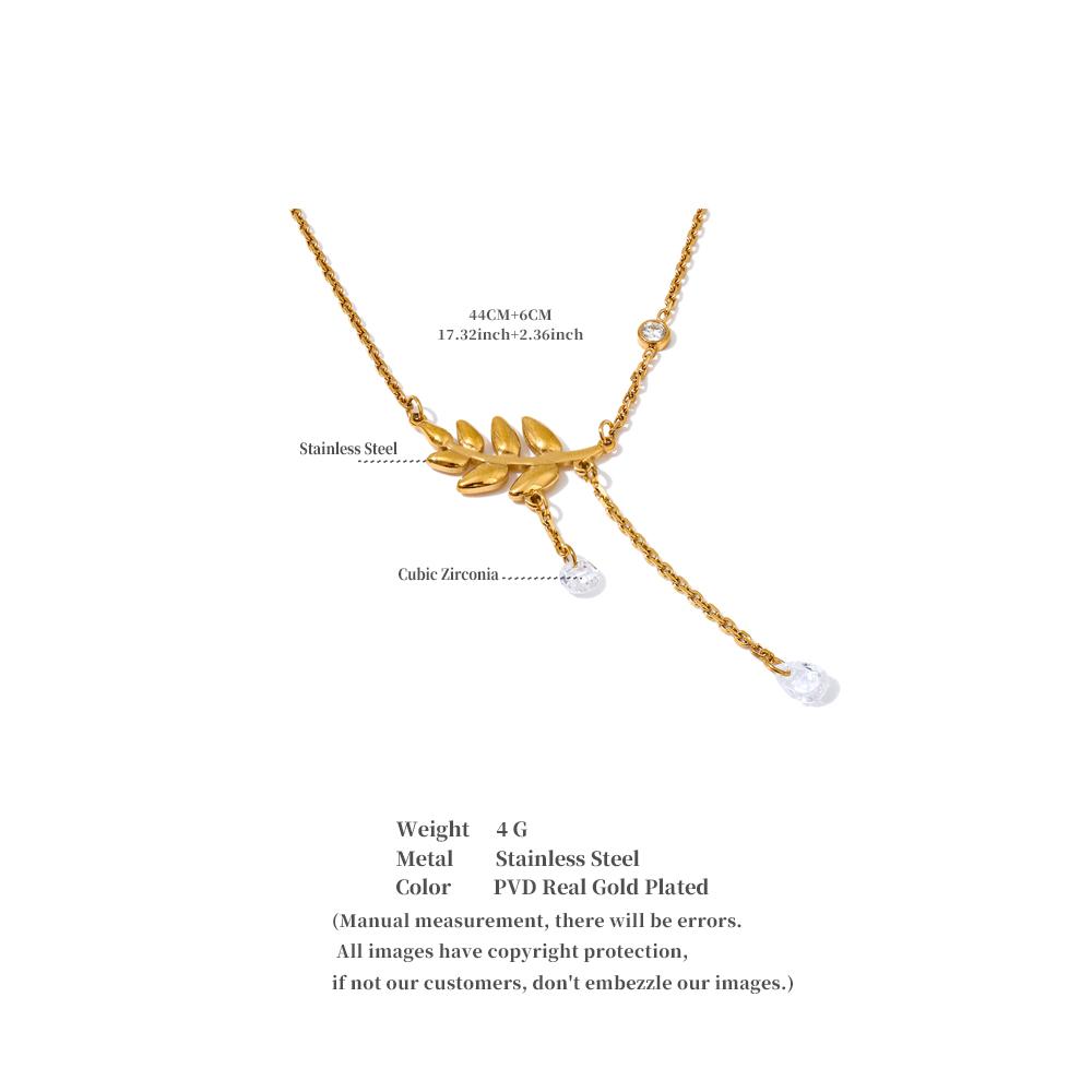 Yhpup Stainless Steel Leaf Chain Tassel Cubic Zirconia Pendant Necklace Stylish Unique Delicate Collar Jewelry Waterproof