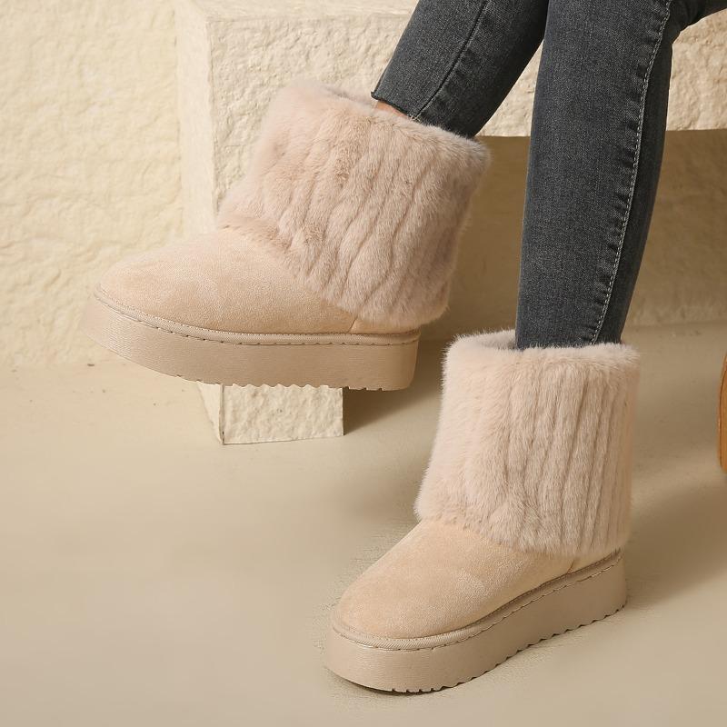 Hairy striped decorative women's snow boots suede autumn and winter casual thick-soled medium tube warm and comfortable cotton shoes