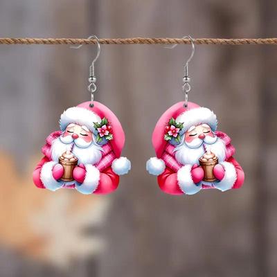 Christmas Cartoon Santa Claus and Milk Tea Pink Acrylic Earrings