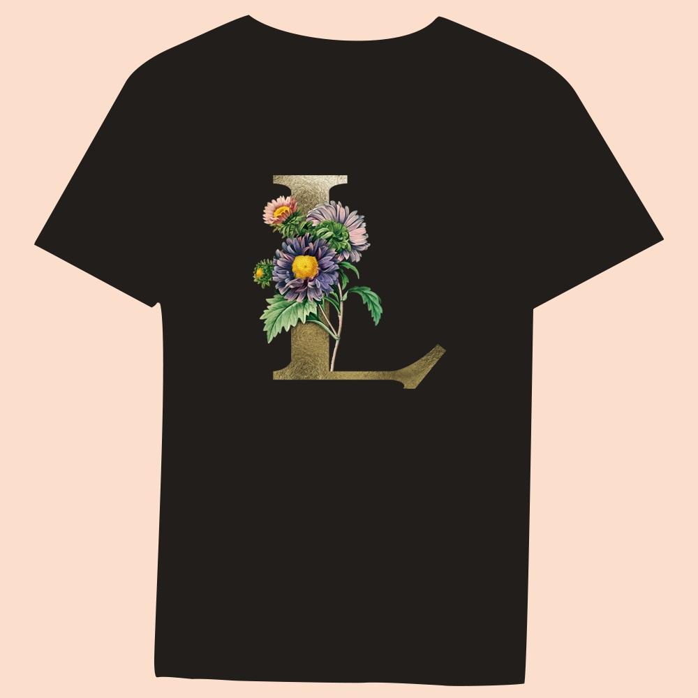 Gold Flower Letter 3D Printing Series Women's Black T-shirt Casual Large Top