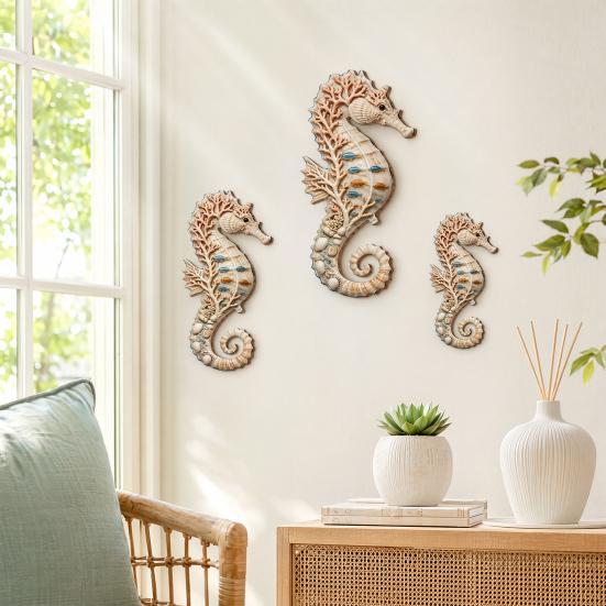 3Pcs Seahorse Wooden Wall Hanging Set, Hawaiian Beach Style, Boxwood Crafted Tropical Party Decor, Coastal Home Bath Ornament, Gift for Beach Lovers