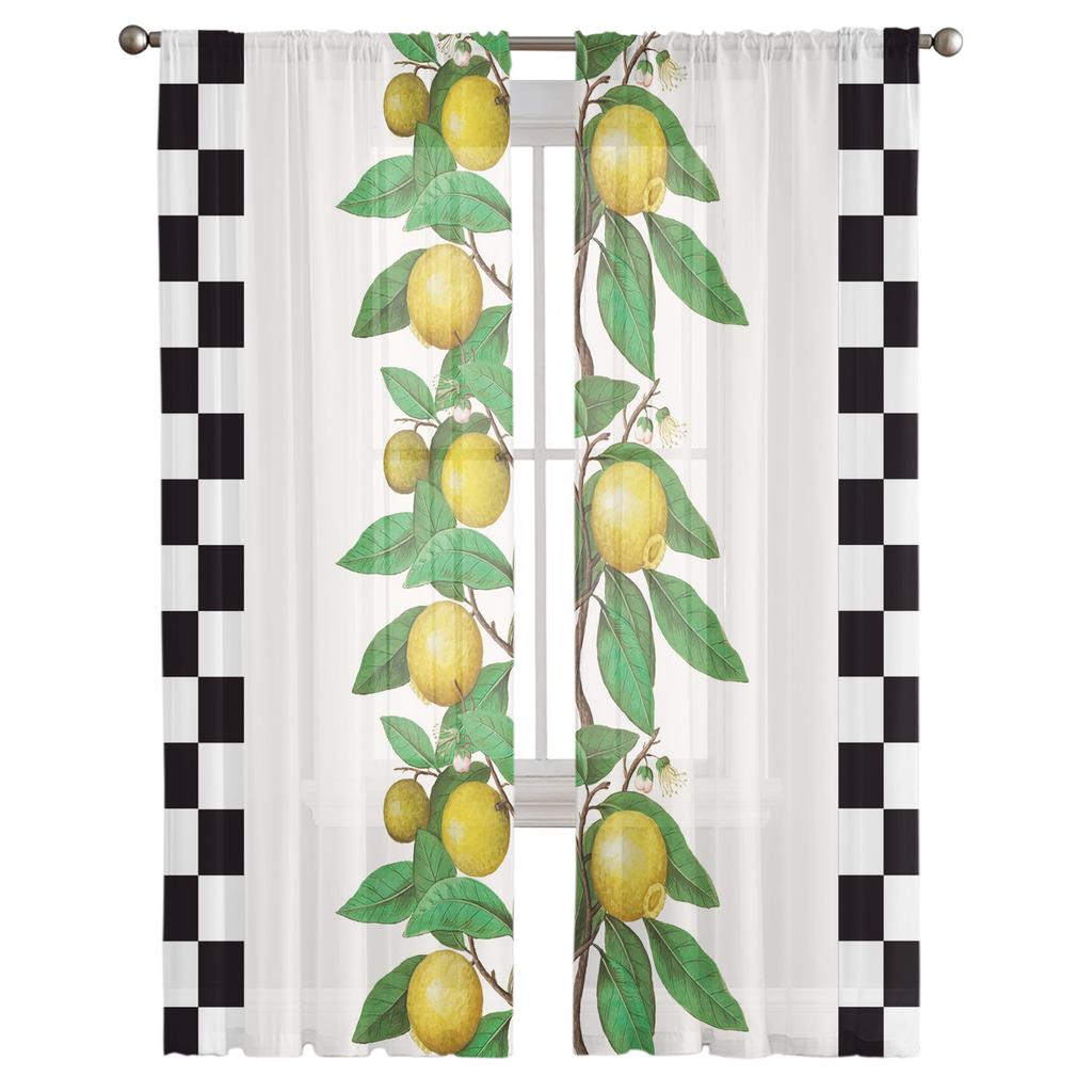 Lemon Fruit Retro Plaid Sheer Curtains Window Tulle Curtains For Living Room Bedroom For Kitchen Veiling Curtains Decoration