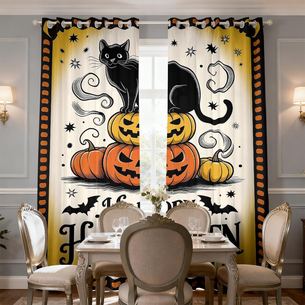 2pcs black cat pumpkin Halloween happy print curtains holes light blocking living rooms bedrooms home decorations
