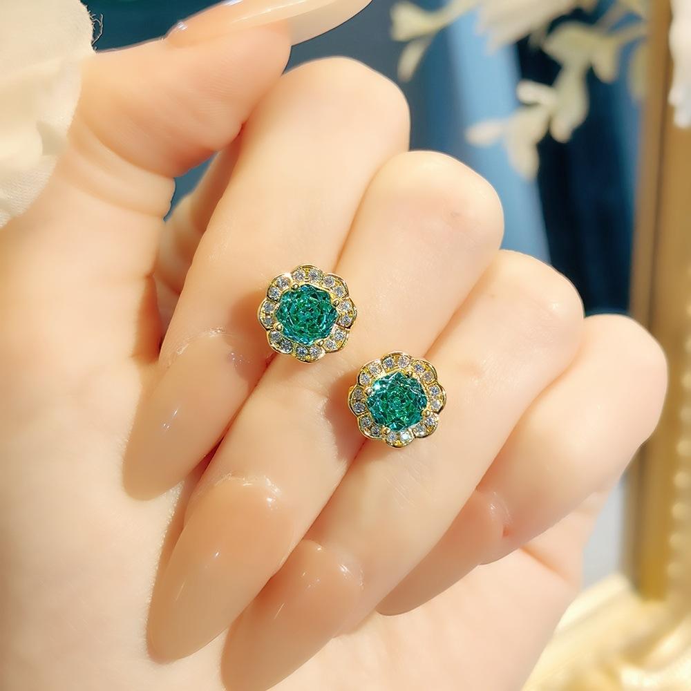 Octagonal Millennium Rose Cut Paraiba Necklace Pendant High Carbon Diamond Set Tourmaline Diamond Stud Earrings Colorful Ring