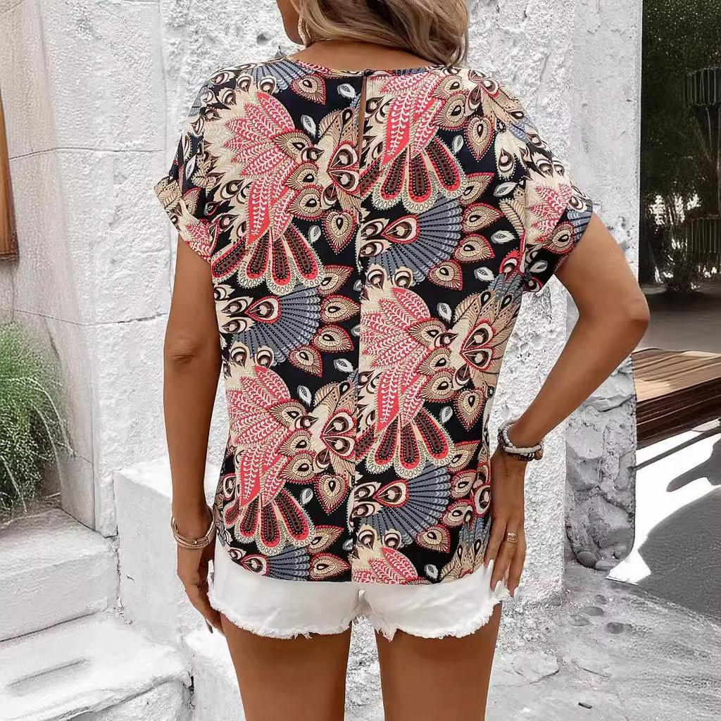 Ladies Summer Short Sleeve O Neck Holiday Printed Pullover  Shirt Top