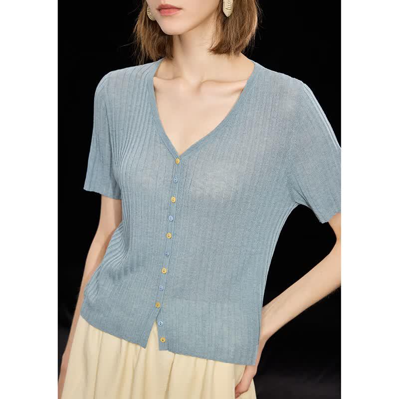 Mistway V-Ausschnitt Strick-T-Shirt aus Tencel-Leinen-Mischung