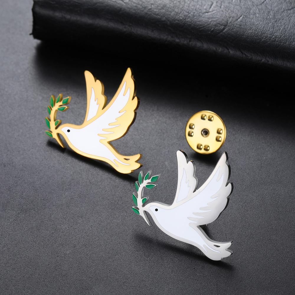 Dawapara Dove of Peace Brooch Animal Bird Dove with Olive Enamel Pin Stainless Steel Accessories for Men Women