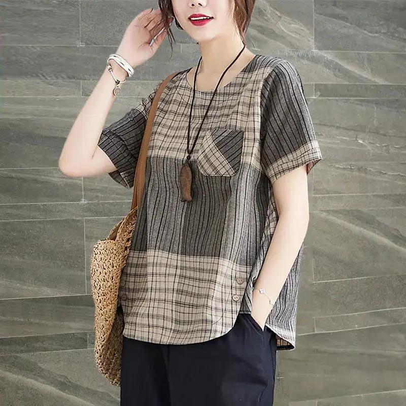 Yazlık Kadın Vintage Ekose Baskılı Tişört Günlük Kadın Giyim Moda Her Şeye Uyumlu Cepli Eklenmiş Kısa Kollu Üstler