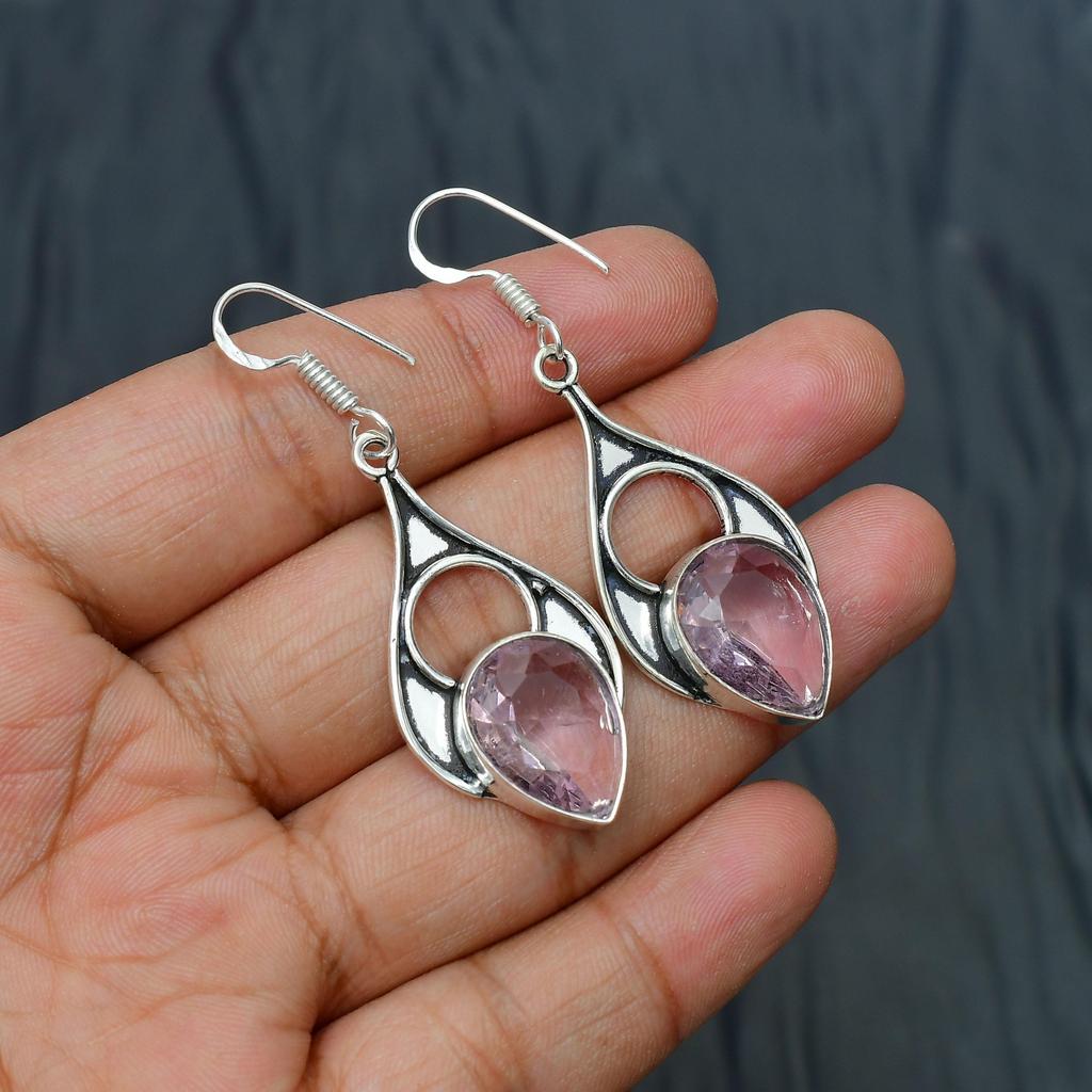 Pink kunzite Gemstone Handmade 925 Sterling Silver Jewelry Earring