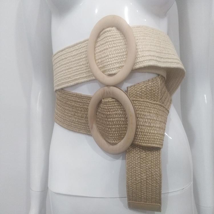 New European and American Women's Round Wood Buckle PP Lafite Elastic Braided Hemp Rope Ethnic Style Summer Women's Belt