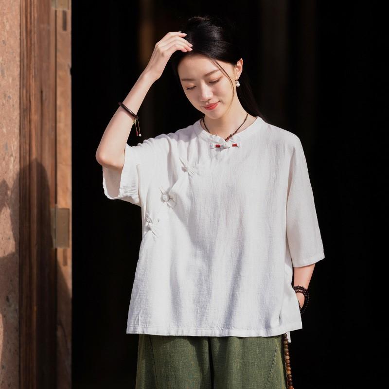 Johnature Women Chinese Style Shirts Solid Color Stand Half Sleeve Tops Summer Vintage Button Women Shirt Blouses