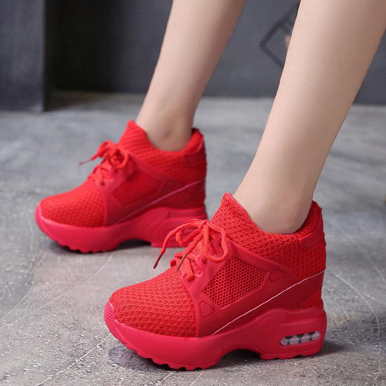 red platform sneakers shoes Women Fashion Breath Mesh Casual Platform Sneakers Surface Shoes Thick Bottom Footwear Round Head