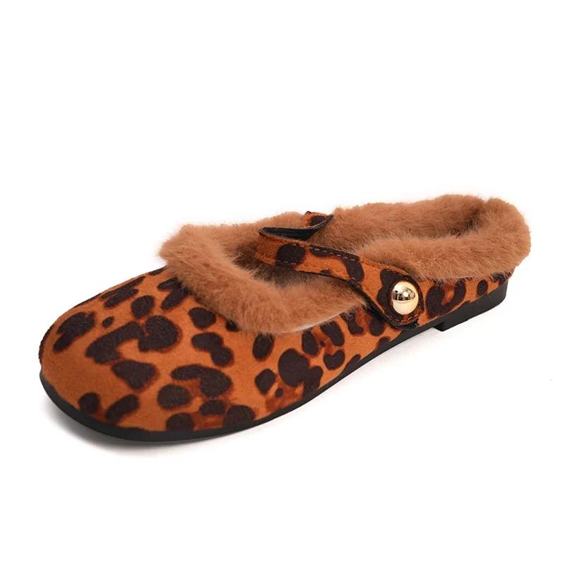 Fur Leopard Women Ballet Flats Shoes Suede Elegant Loafers Shoes Woman 2025 Trend Winter Sexy Mary Jane Shoes Shallow Sandals