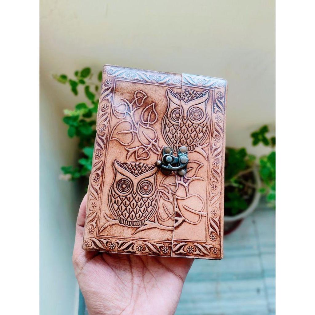 Owl Embossed Leather Bound Journal With Lock, Handmade Leather Notebook Unlined Journal Travel Diary Medium Size Locked Journal Fancy Diary