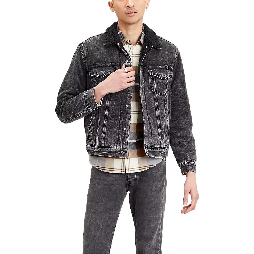 Levis FW22 Jednoknopíková džínová bunda s kapsami a ozdobnými prvky pro řidiče kamionu, přiléhavá, s rovnou nohavicí, dlouhým rukávem, pánská bunda, černá 16365-0129