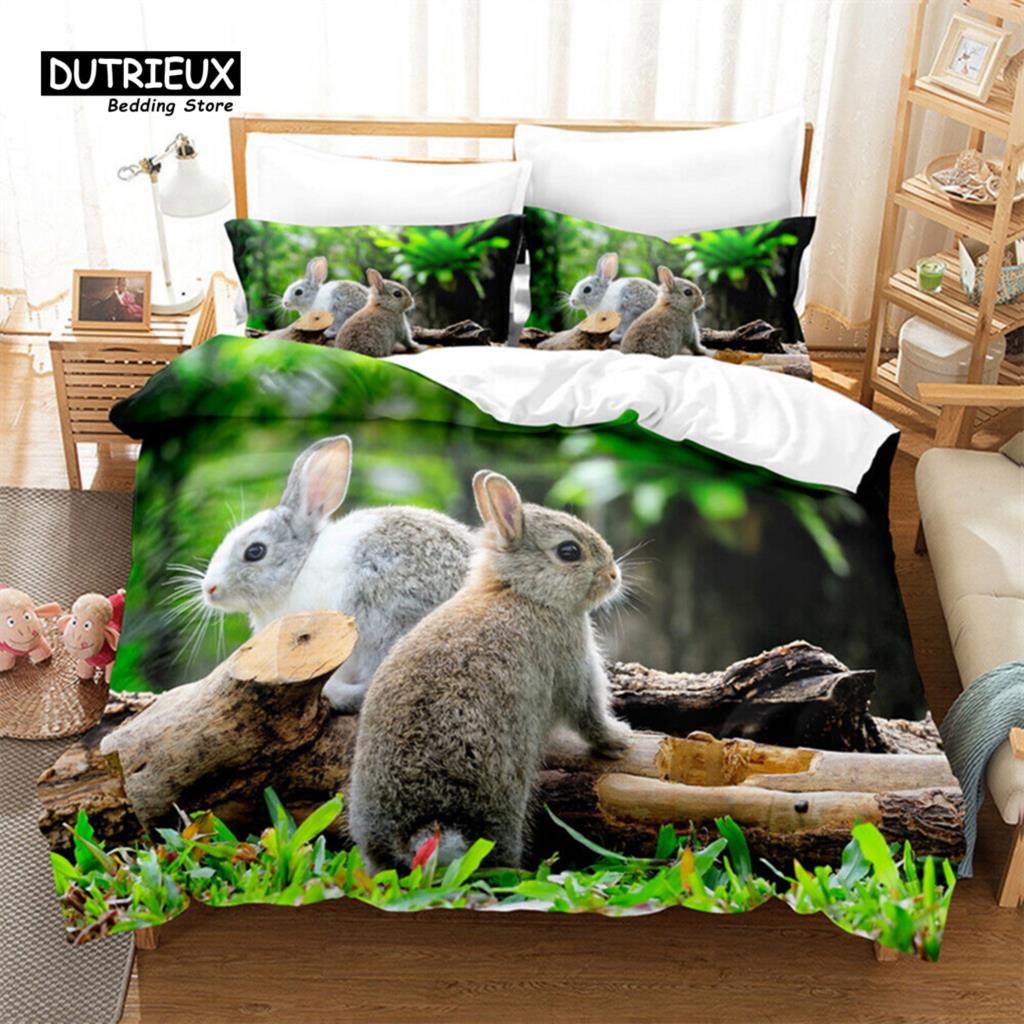 Bunnies Duvet Cover Mushroom Floral Bedding Set Cute Animal Rabbit Quilt Cover Twin Size Greetings and Presents for Easter Day