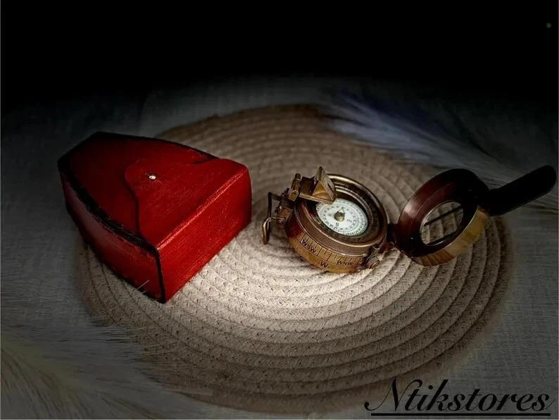 Vintage Solid Brass WWII Military Pocket Compass with Leather Case