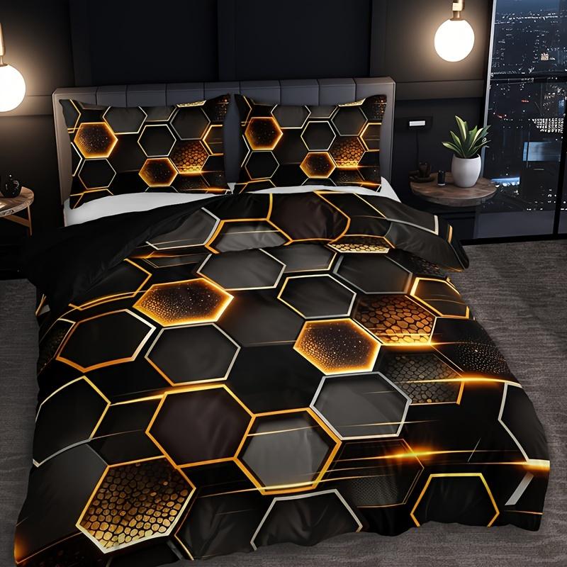 3pcs Golden Diamond Geometric Bedding Set -1 Duvet Cover 2 Pillowcases Breathable  Machine Washable - Perfect for All Seasons