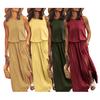 Women Summer Dress Pleated Round Neck Sleeveless Solid Color Loose Slit Hem Maxi Dress Daily Date Party Wear Long Dress